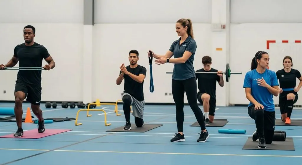 Atletas participando en una sesión de calentamiento con un quiropráctico para la prevención de lesiones