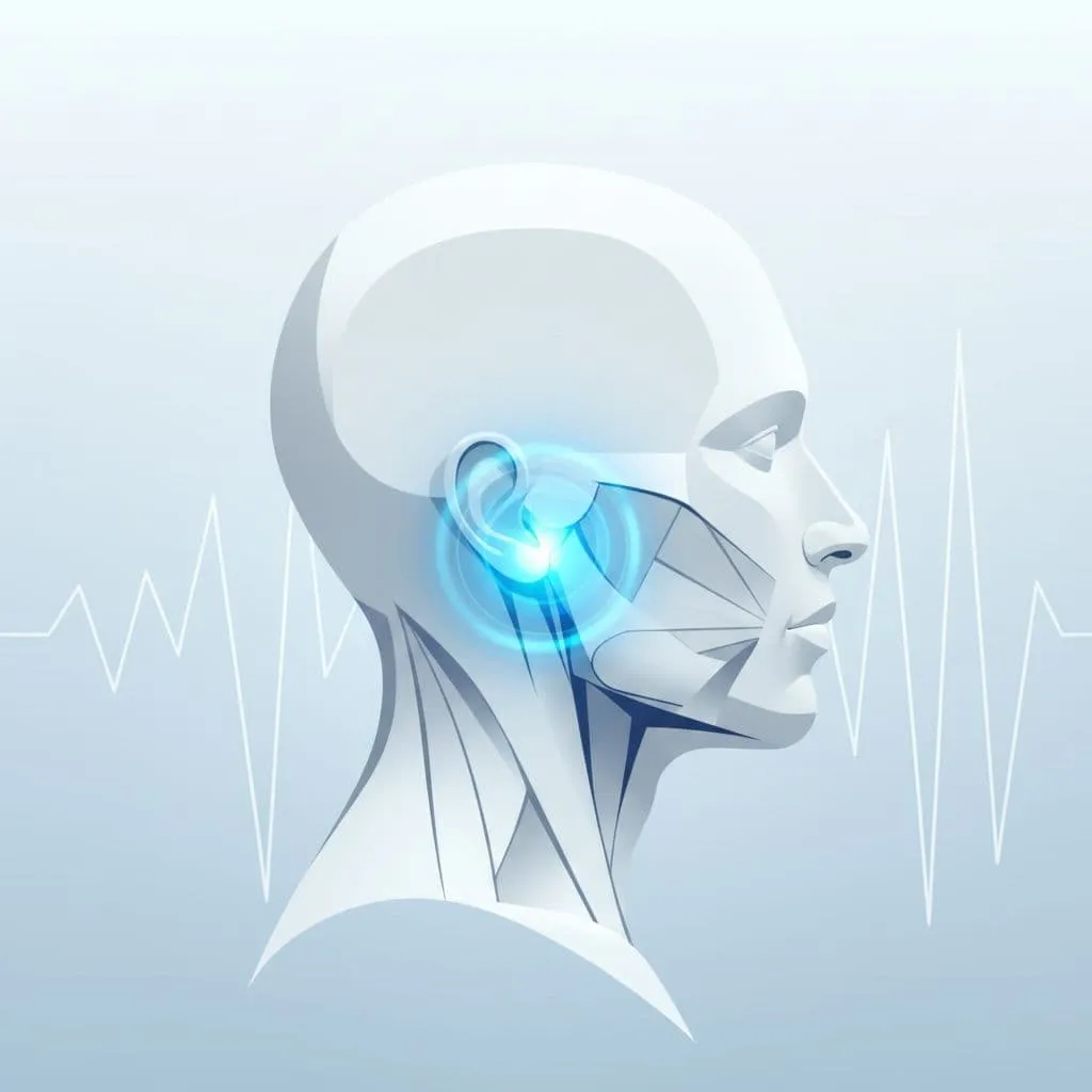 Una vista de perfil minimalista de una cabeza y cuello humanos presenta un vibrante resplandor azul alrededor de la articulación de la mandíbula. Esta visualización enfatiza la tensión localizada tras un impacto físico o accidente.