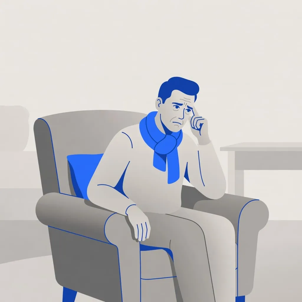 Una figura se sienta pensativamente en una cómoda silla moderna mientras muestra una expresión de preocupación. Formas simples y un llamativo acento azul resaltan el tono profesional de esta limpia ilustración digital.