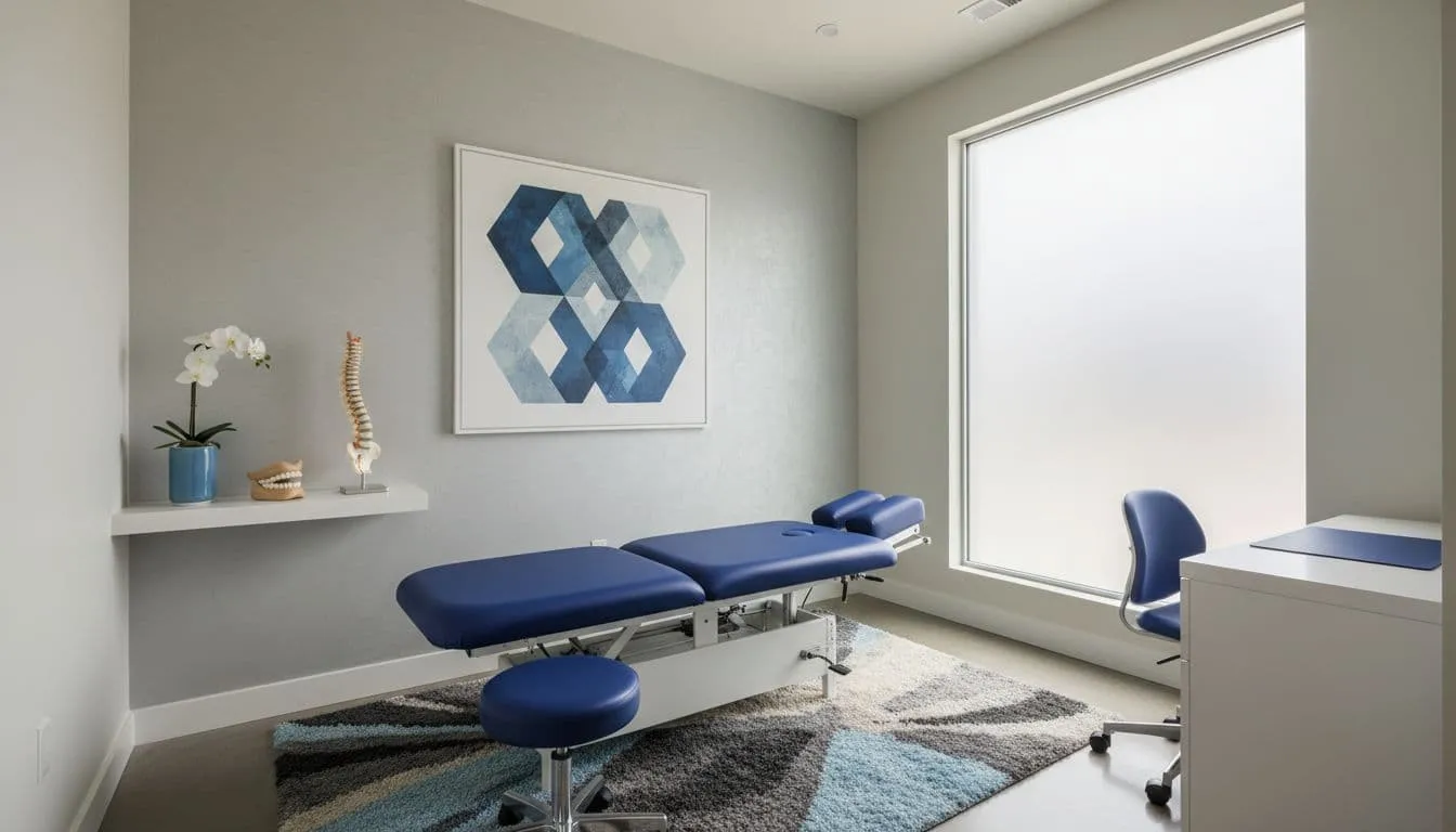 Una sala de examen minimalista cuenta con una mesa de tratamiento limpia con acentos de cojines azul intenso. El espacio sereno incorpora tonos de pared neutros e iluminación ambiental suave para crear una atmósfera clínica enfocada.