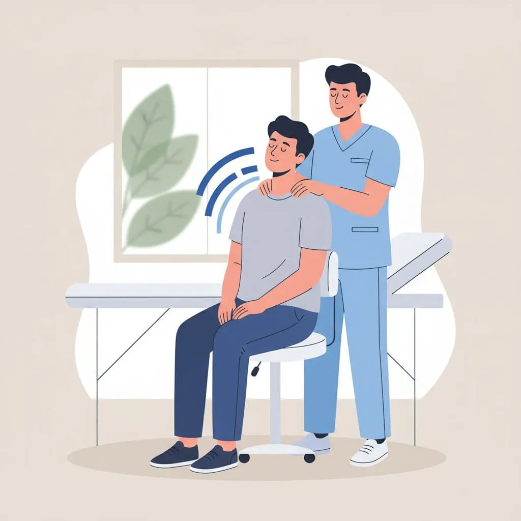 Un profesional en un entorno clinico limpio examina el cuello y la parte superior de la espalda de un paciente vestido con ropa casual. La ilustracion plana utiliza tonos neutros suaves y acentos azules llamativos.
