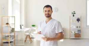 chiropractor-smiling-and-holding-clipboard-in-office