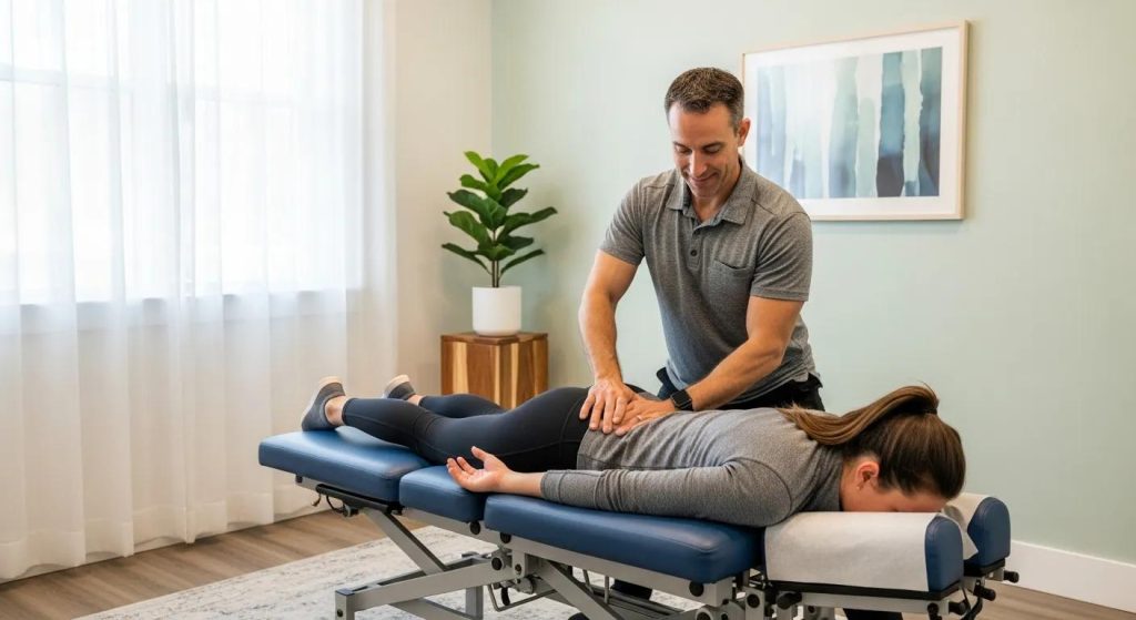 Chiropractor adjusting a patient's lower back in a calming clinic environment