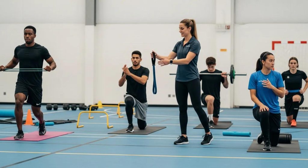 Athletes participating in a warm-up session with a chiropractor for injury prevention