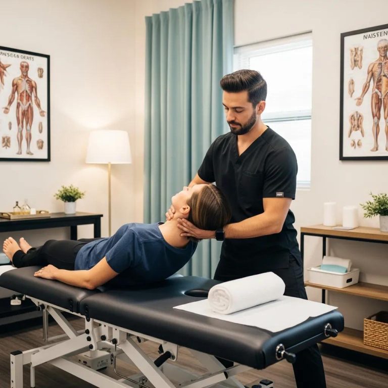 Chiropractor adjusting a patient's neck in a calming clinic environment