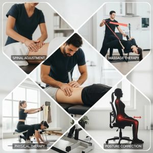Collage of chiropractic techniques for lower back pain relief including adjustments, massage, and physical therapy