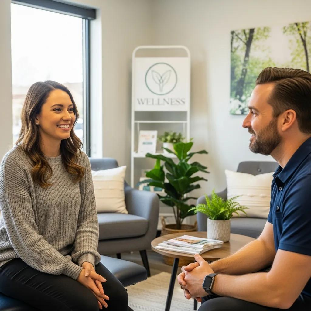 Patient sharing positive chiropractic care experience in a welcoming clinic setting
