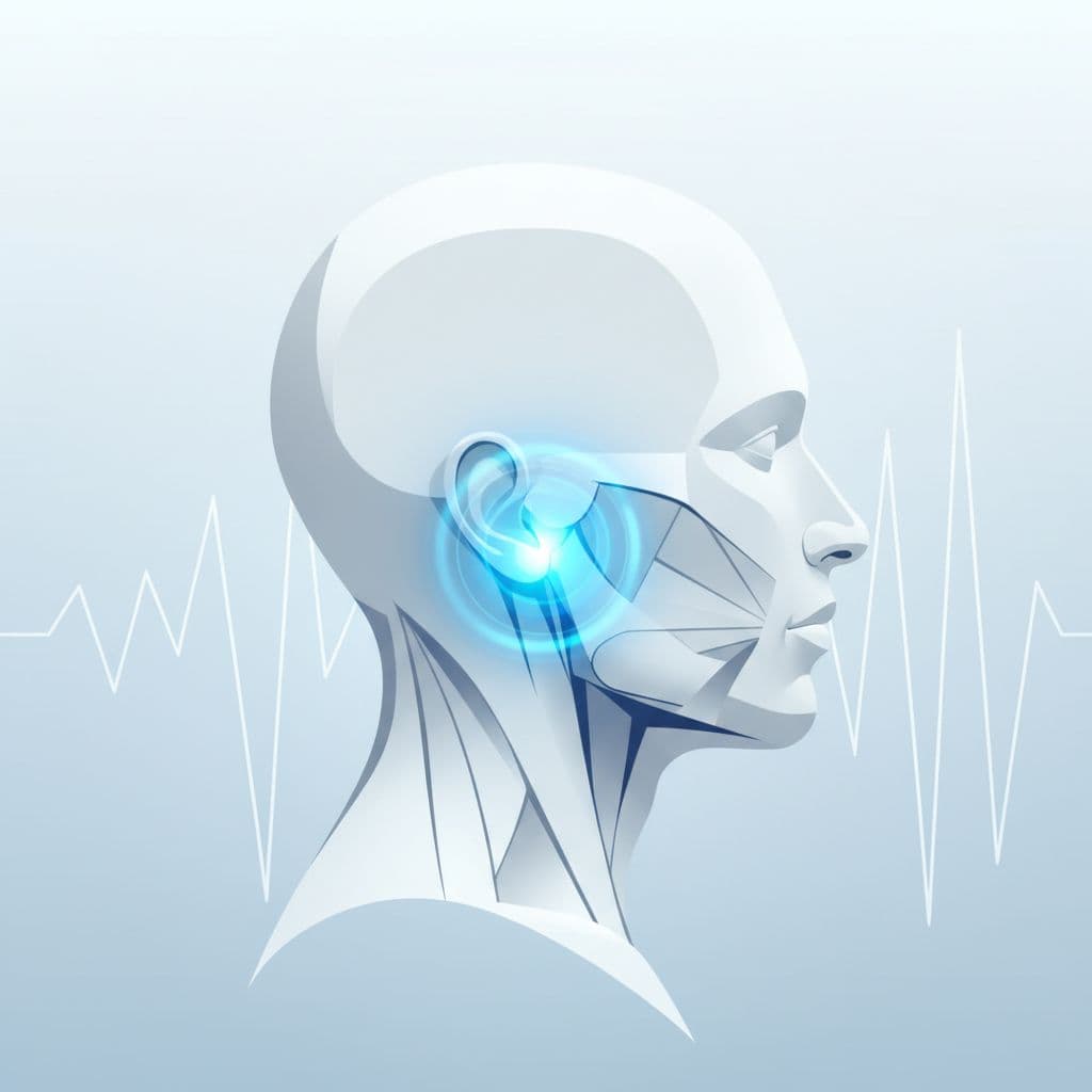 A minimalist profile view of a human head and neck features a vibrant blue glow around the jaw joint. This visualization emphasizes localized tension following a physical impact or accident.