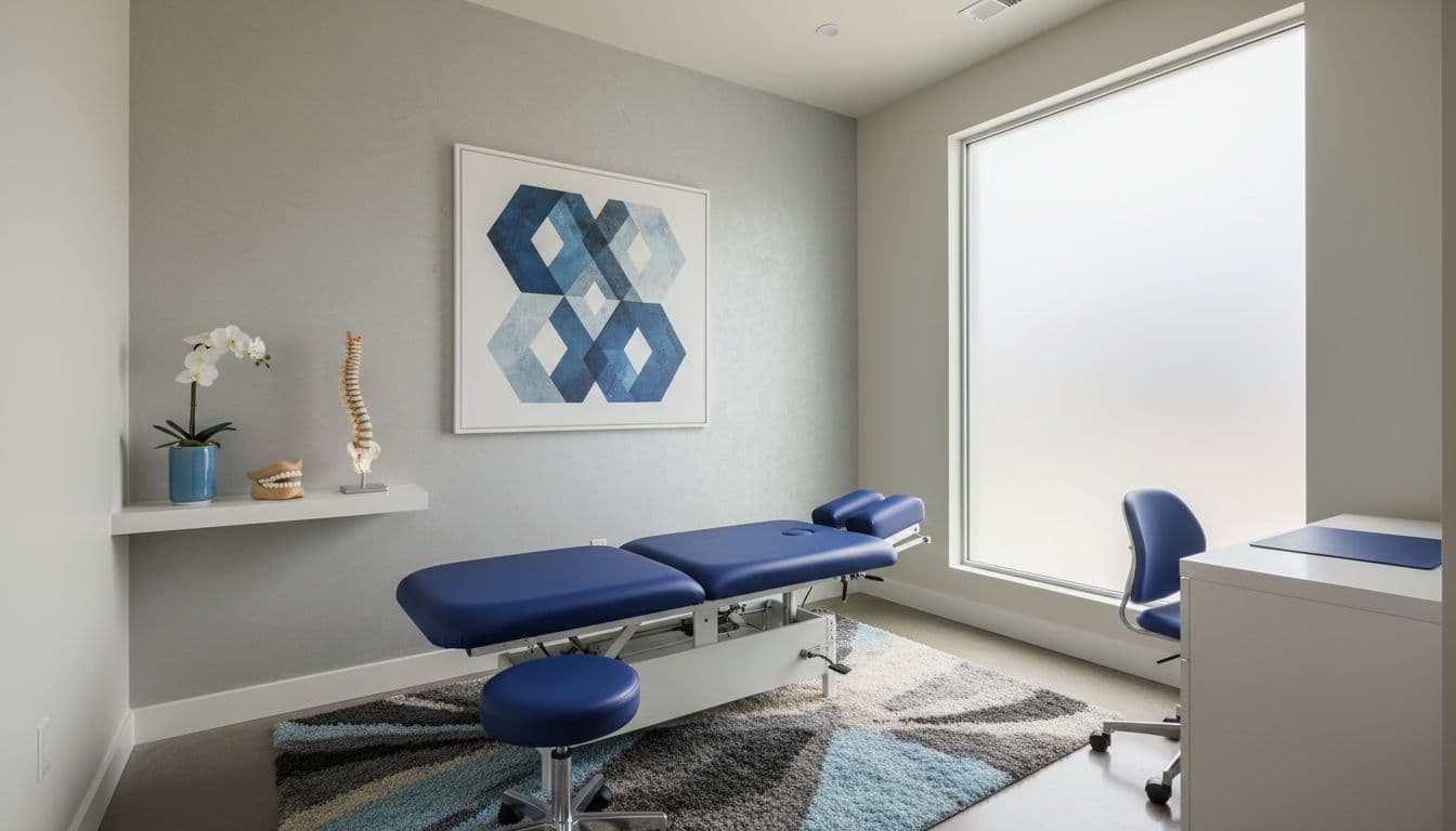 A minimalist examination room features a clean treatment table accented with deep blue cushions. The serene space incorporates neutral wall tones and soft ambient lighting to create a focused clinical atmosphere.